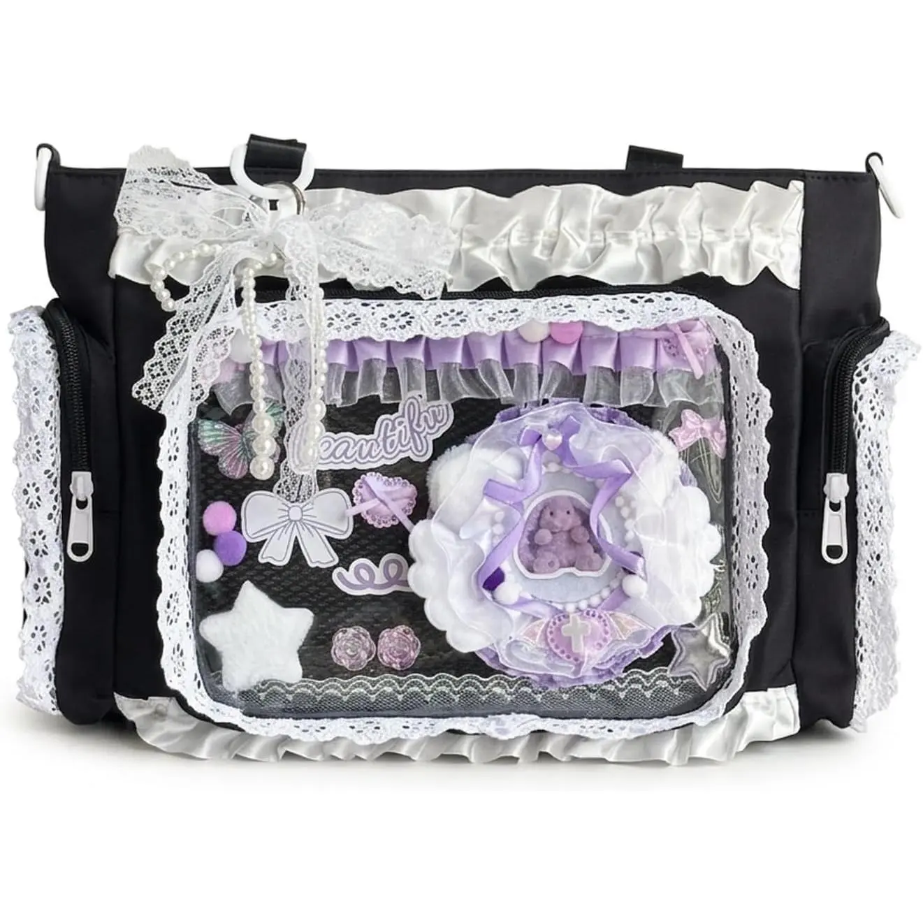 Ita Bag with DIY Accessory Kit - Clear Window Y2K Kawaii Lace Crossbody Bag with Display Insert for Pins & Button Badges