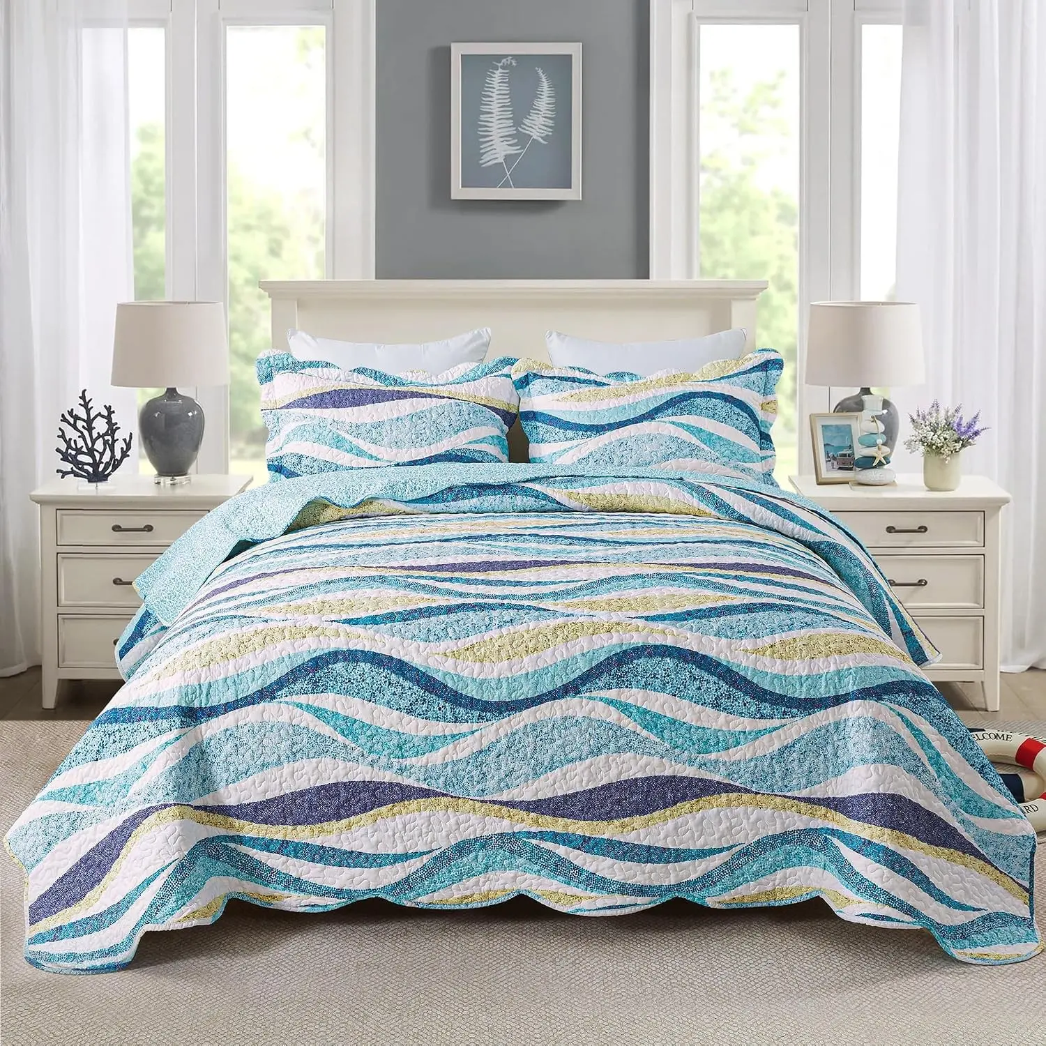 Beach Quilt King Size - 3 Pieces Coastal Quilt Sets Nautical Bedspreads Ocean Coverlets Lightweight Bed Cover, King Quilt Bedding Set All Season Quilts