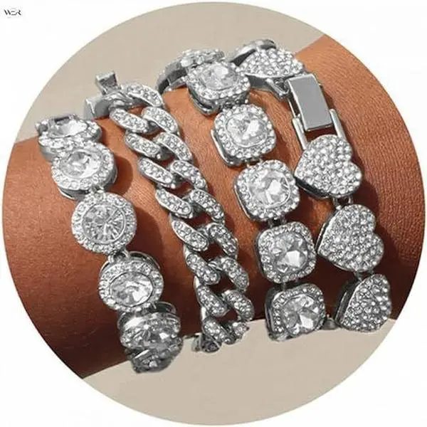 3 Styles Rhinestone Link Bracelet for Women, Heart Square Round Cuban Chain Crystal Tennis Bracelet, Gold Silver Pink Diamond Heavy Metal Wrist Jewelry 7 Inch 17.8cm, Heavy Duty, Full Pave Links, Bracelets, Female Jewelry