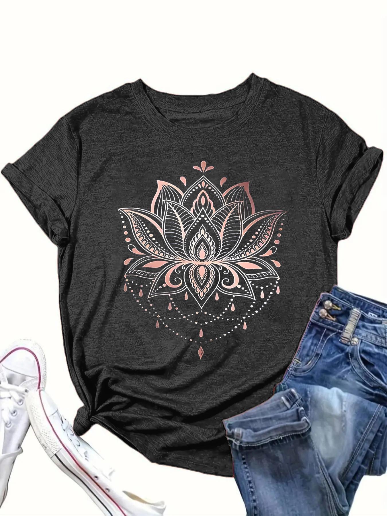 【Plus Size】 Lotus Graphic Tee, Boho Casual Crew Neck Short Sleeve Lightweight T-shirt for Daily Holiday Vacation Wear, Women Clothing for All Seasons