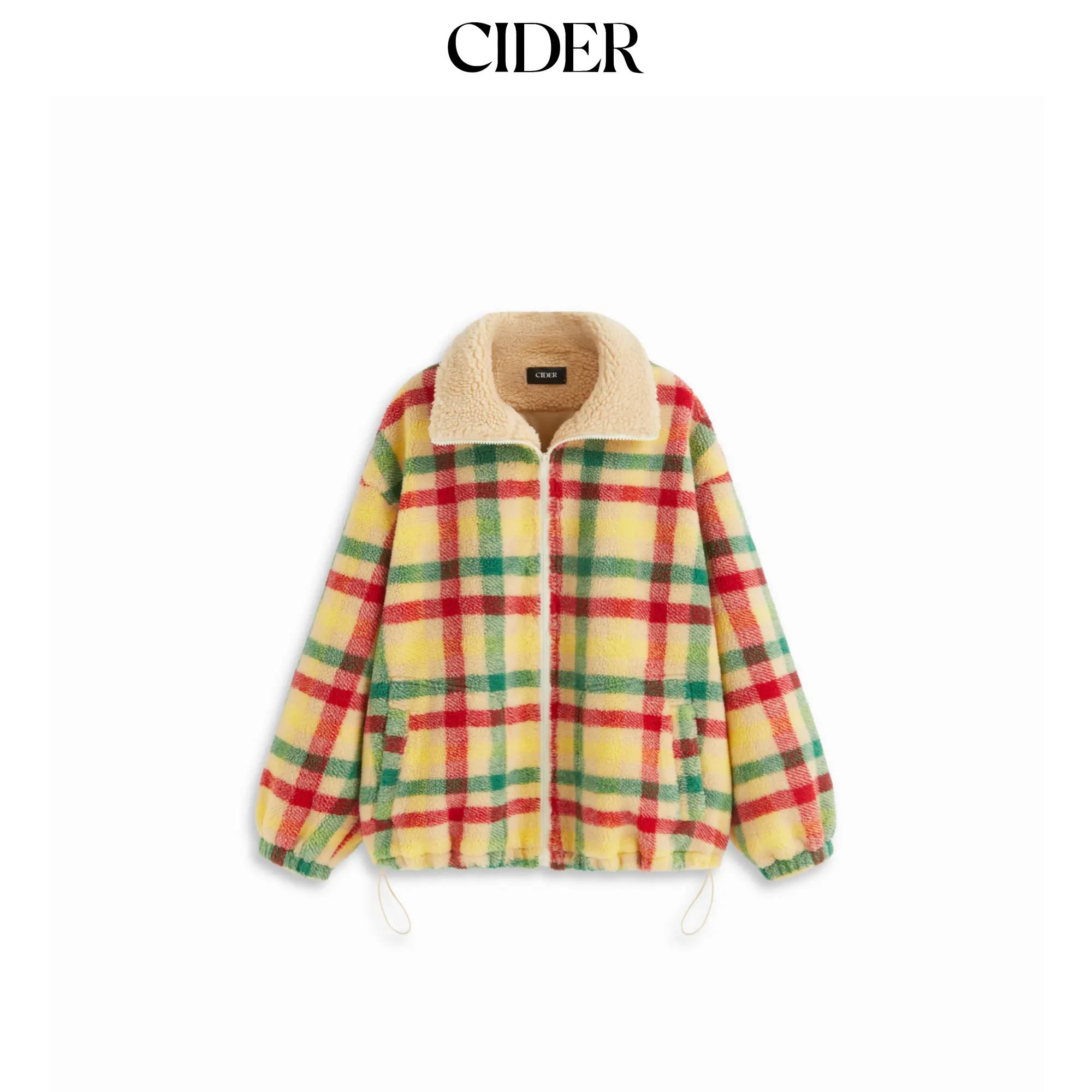 Cider Fleece Plaid Stand Collar Zip Through Drawstring Oversized Jacket SohoChic