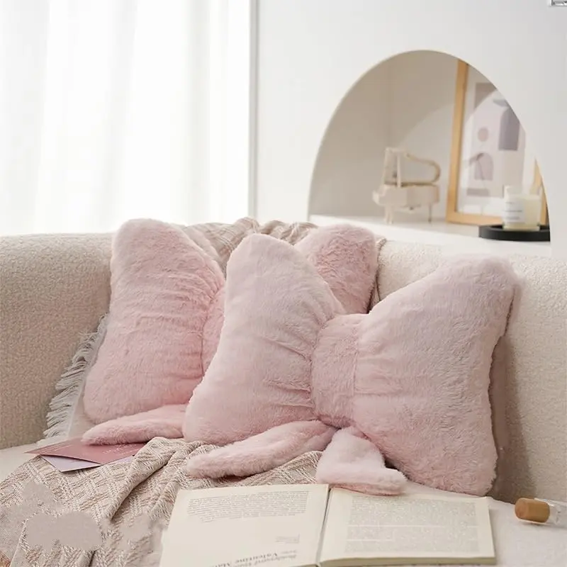 Pink Bow Pillow, Soft Bow Decorative Pillows with Faux Fur, Bowknot Throw Pillows, Home Decor Bow Plush Pillow for Bedroom Sofa Couch