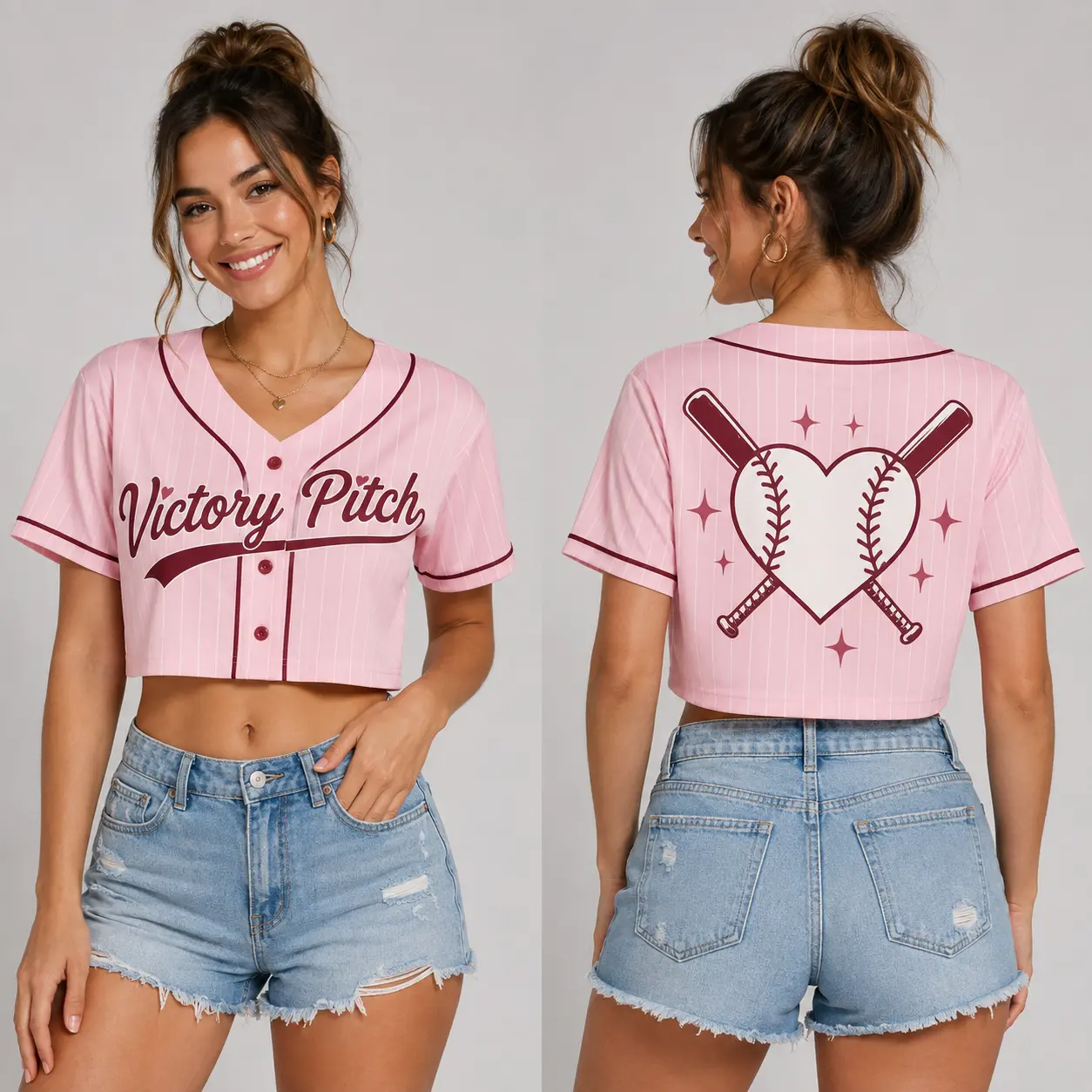 Women’s Pink Cropped Pinstripe Baseball Jersey Shirt - Button-Front V-Neck Short Sleeve Graphic Crop Top, Casual Game Day Streetwear with Short Sleeve Tops, Cropped Fit, Pinstripe Fabric Features