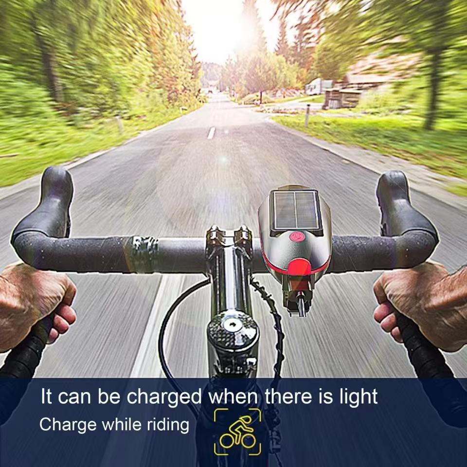 Solar Powered Bike Light, 1 Count Waterproof Bicycle Headlight with 120db Horn, High Brightness 80m Visible Floodlight Range USB Charging Bike Light