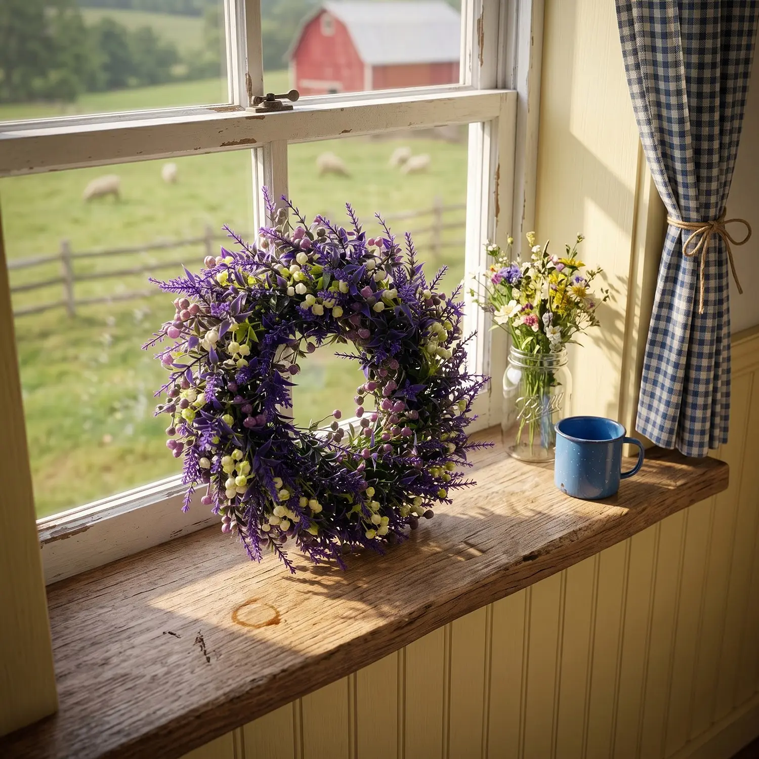 13in/33cm Dreamy Artificial Lavender Wreath, Realistic Floral Decor, No Maintenance, Ideal for Front Door, Wall, Wedding, Halloween, Christmas, Home Decoration