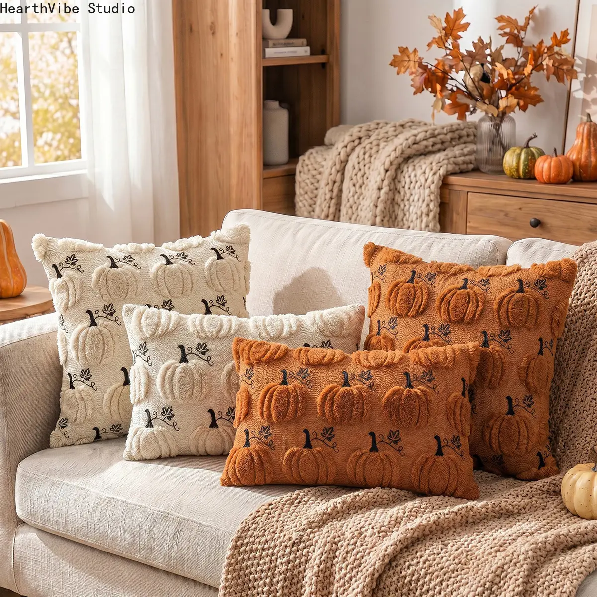 PU Leather 2-Pack 3D Tufted Pumpkin Pillow Covers, Embroidered Boucle Lumbar Cushion Cases, Fall Farmhouse Decor for Camping Hammock, Thanksgiving Living Room Sofa Bed (Covers Only), Leather Pu
