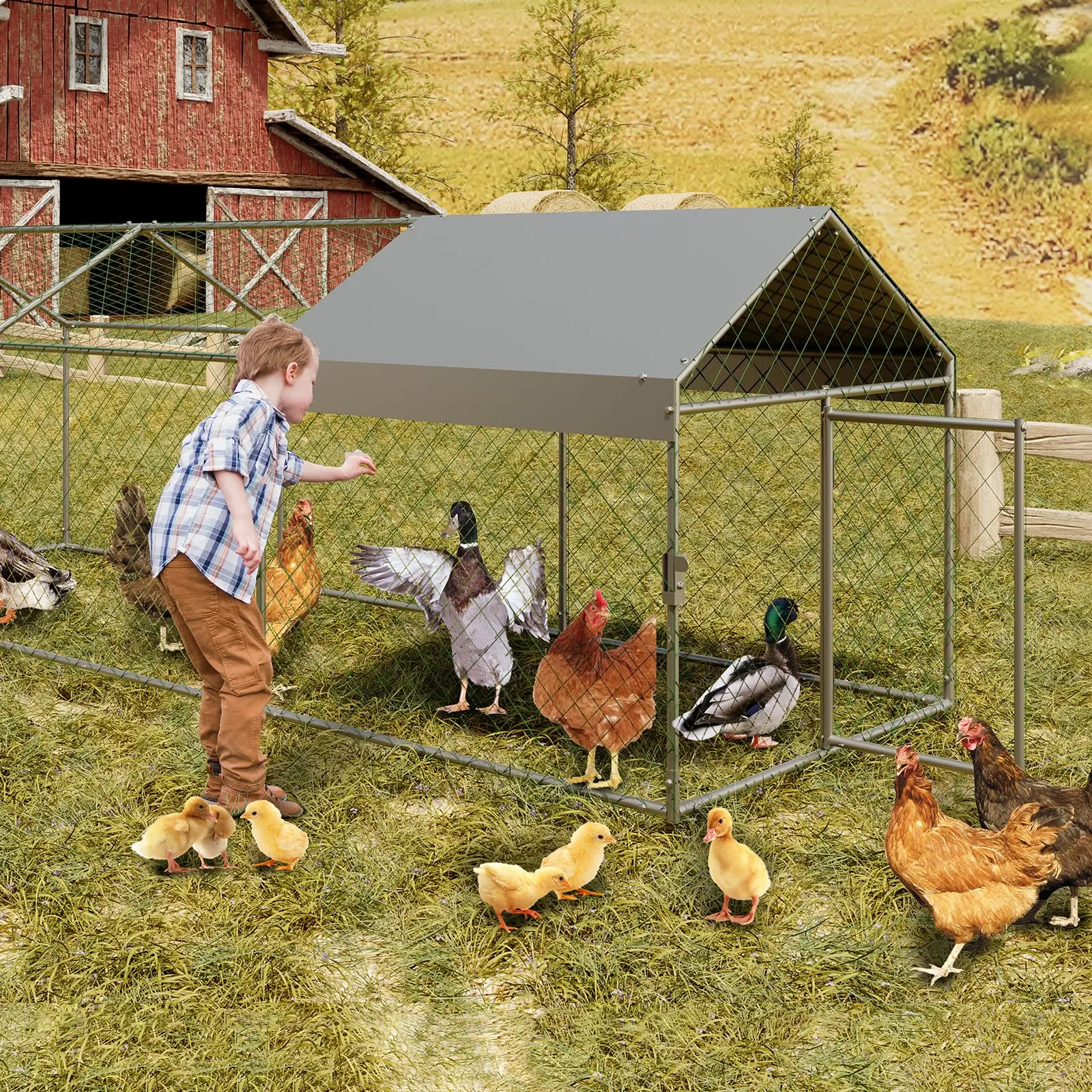 Metal Chicken Coop, Large Chicken Run, Chicken Run for Yard with Waterproof and Anti-UV Cover,Outdoor Hen House for Yard, Walk in Poultry Cage for Rabbit Duck Goose, Black