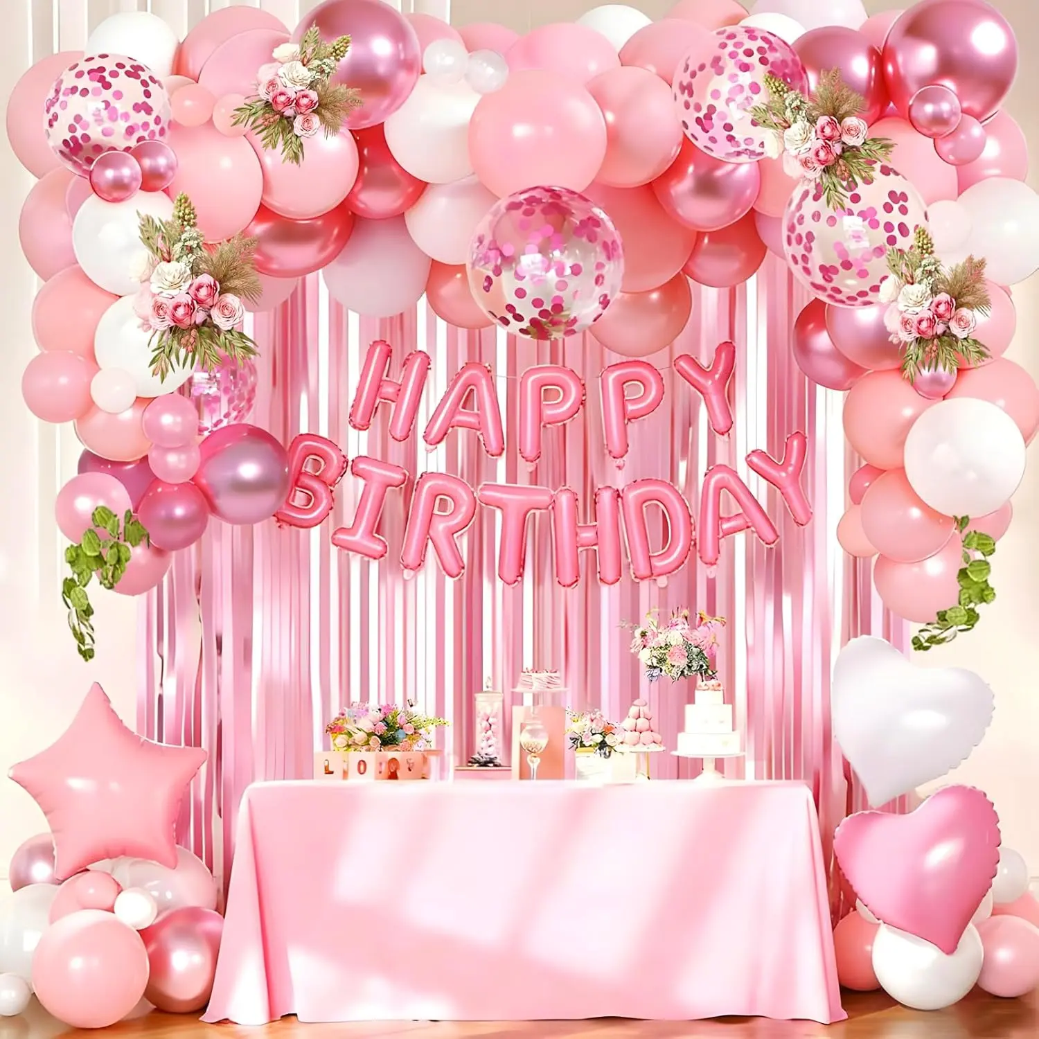 Birthday Decorations for Women Girls,  Metallic   White Confetti Foil Balloons Happy Birthday Banner Fringe Curtains for Happy Birthday Party Supplies