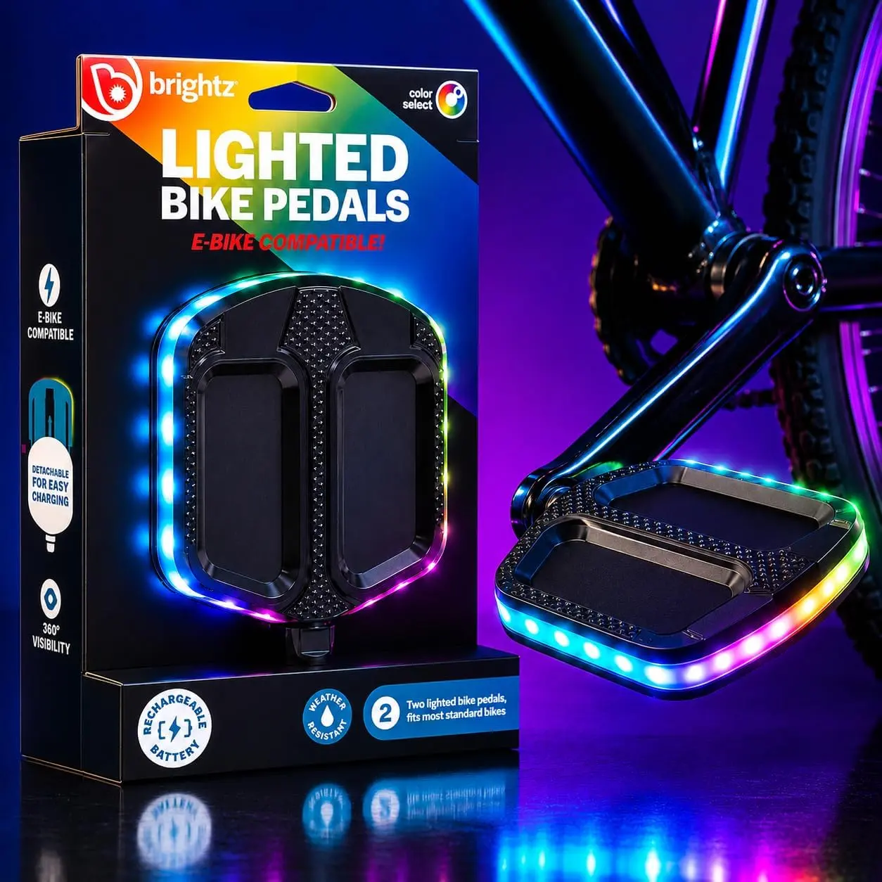 Brightz LED Light Up Bike Pedals, 2-Pack - USB-C Rechargeable Glow Bicycle Pedals with 3 Light Modes, 360° Visibility & 24 Hour Runtime - 9/16 in Detachable Pedals for Bicycles & E-Bikes