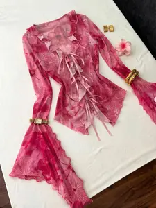 Sweet Spicy Print Sheer Top, Bohemian Blouse, V-Neck Tie Waist Bell Sleeve, Ruffled Asymmetrical Hem, Perfect for Dates, Photoshoots, Girl Friends Gather