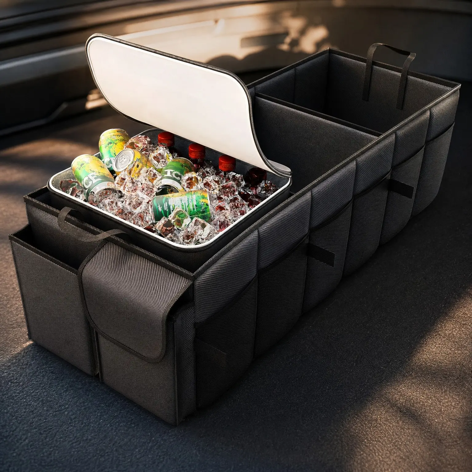 Trunk Organizer, Sturdy Foldable with Detachable Cooler for Car, Sedan & SUV, Car Organizers and Storage, 3 Compartments, for Tools, Camping, Black, 31.5” x 12.6” x 10.6”