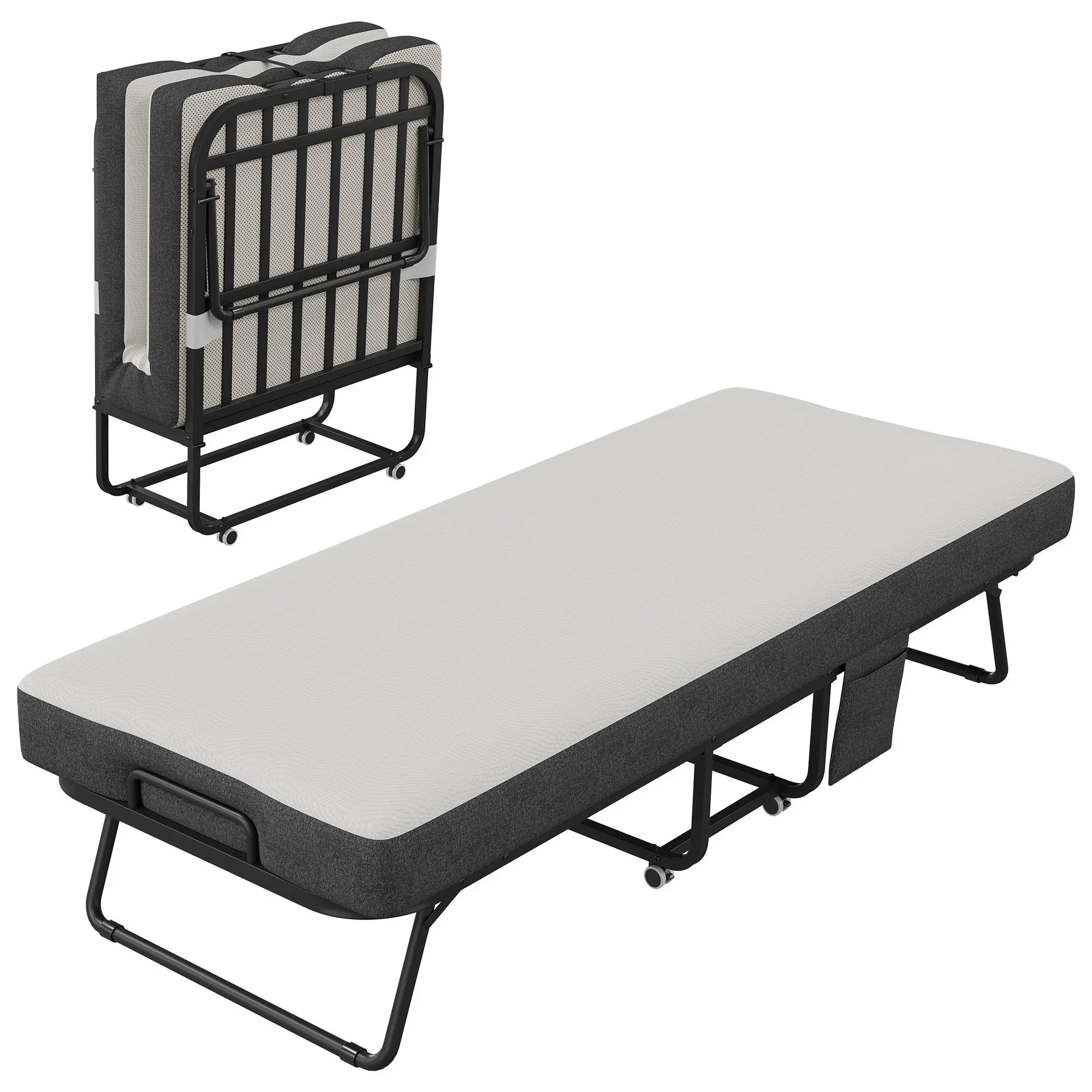 Sturdy Folding Bed with 5-Inch Memory Foam Mattress, Heavy-Duty Metal Frame Cot, 450 lbs Capacity, Lockable Wheels for Home & Studio Apartment, Sohochic Sturdy Folding Beds