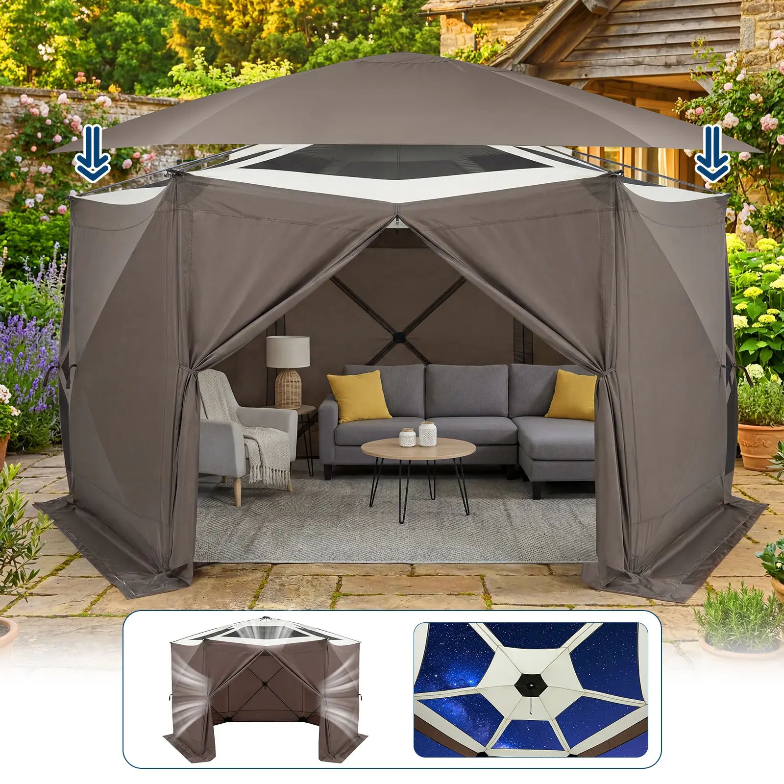 13x13FT Pop Up Gazebo Screen Tent, 6-Sided Hexagon Canopy with Starry Sky Top, Instant Outdoor Sun Shelter with Carry Bag for Camping Backyard Patio Beach