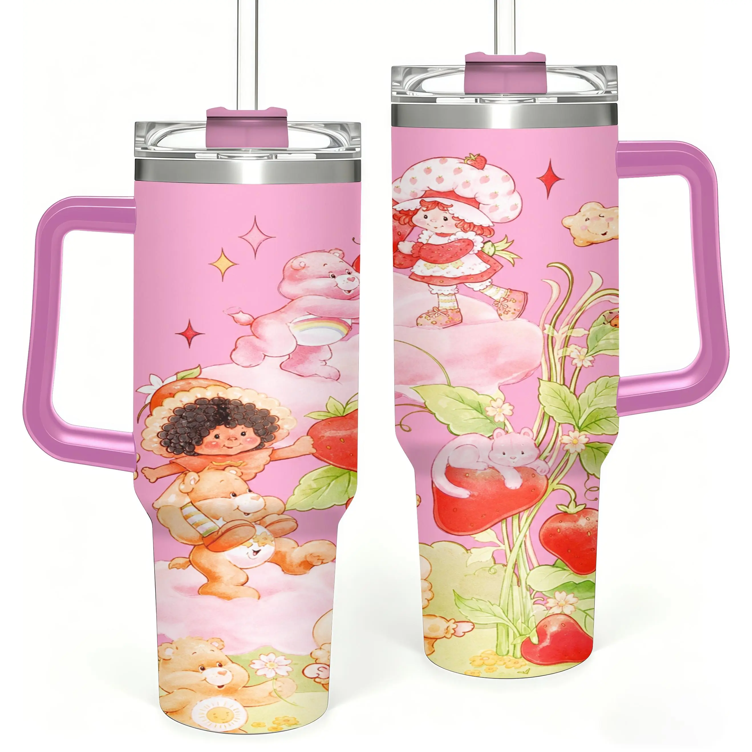 Watercolor Strawberry Girl Cute Bears Kitten Large Strawberry Pink Cup Body Print 40oz Handle Straw Stainless Steel Tumbler, Vintage Cartoon Insulated Drinking Cup, Halloween Christmas Birthday Gift For Retro Cartoon Lovers Kids Adult Friends