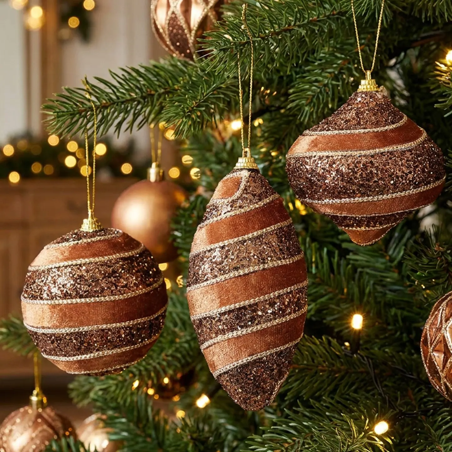 3-Pack Vintage Velvet Glitter Christmas Balls Set, Striped Irregular Decorative Ornaments, Holiday Ornament, Tree Hanging Decorations, Festive Atmosphere