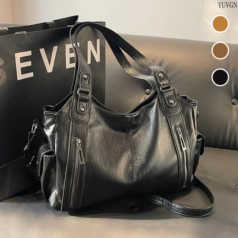Women's Retro Soft Hobo Commuter Bag - Multi-Zipper Rivet Decor, High-Capacity, Adjustable Strap, Zippered Compartments, Fashionable Funky Shoulder Bag for Casual Gym Use, Commuter Bags, Fashionable Bags