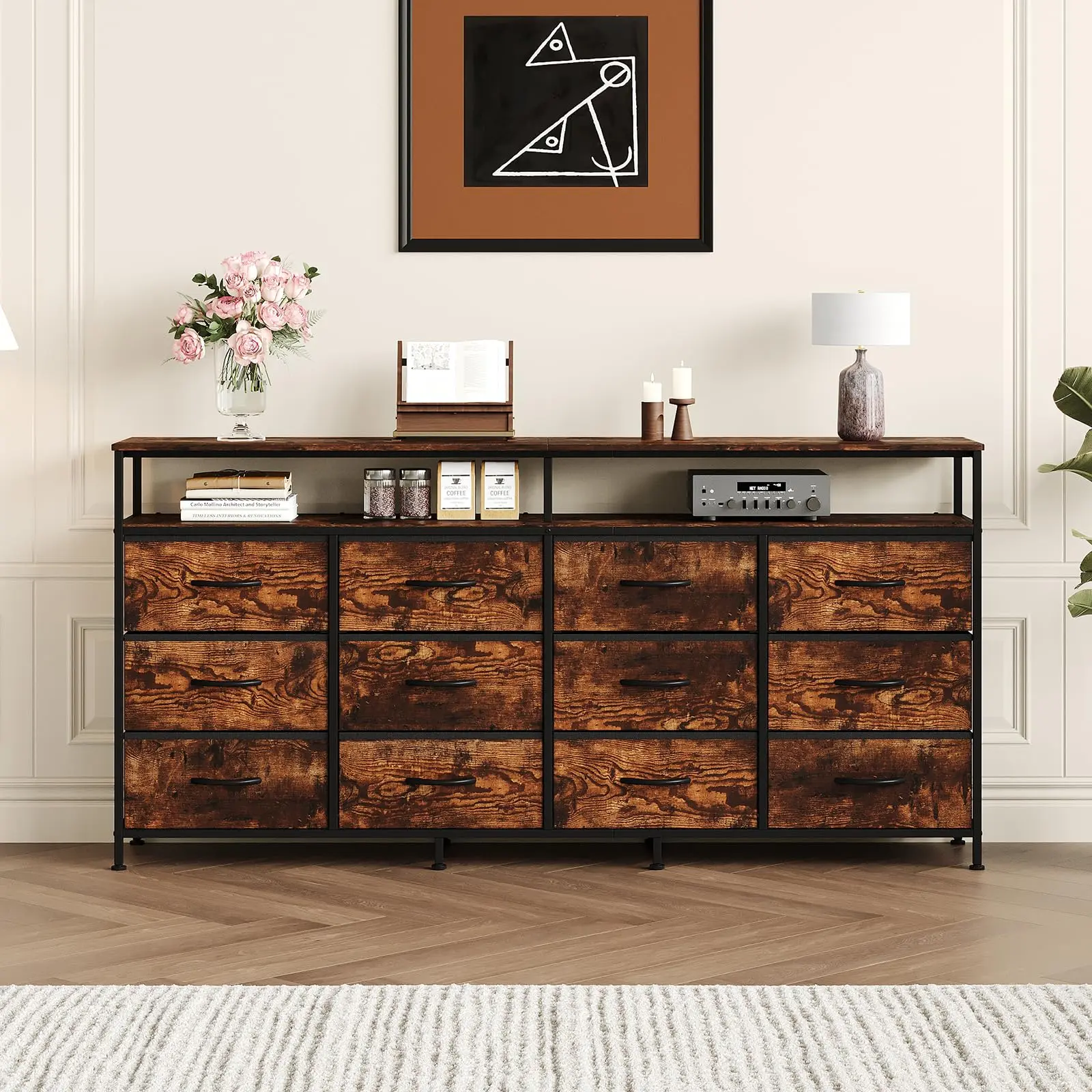 Garvee 63-Inch Fabric Dresser with 12 Drawers and Open Shelves - Rustic Brown Long Chest of Drawers for Bedroom and Living Room