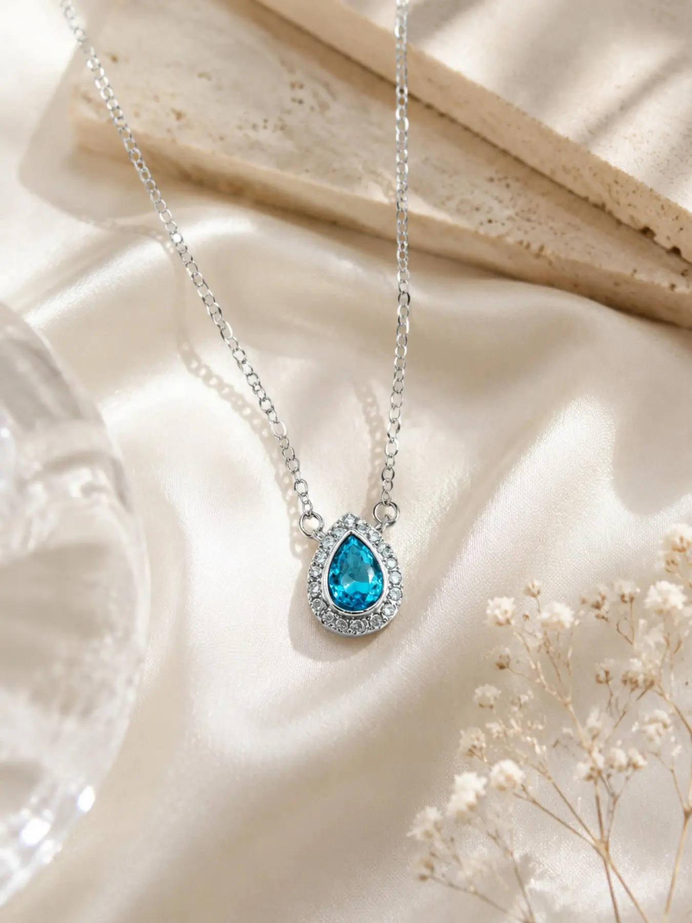 Blue Teardrop Crystal Necklace, Minimalist Luxury Style, Sparkling Pendant, Adjustable Silver Color Chain, Jewelry Gift for Women