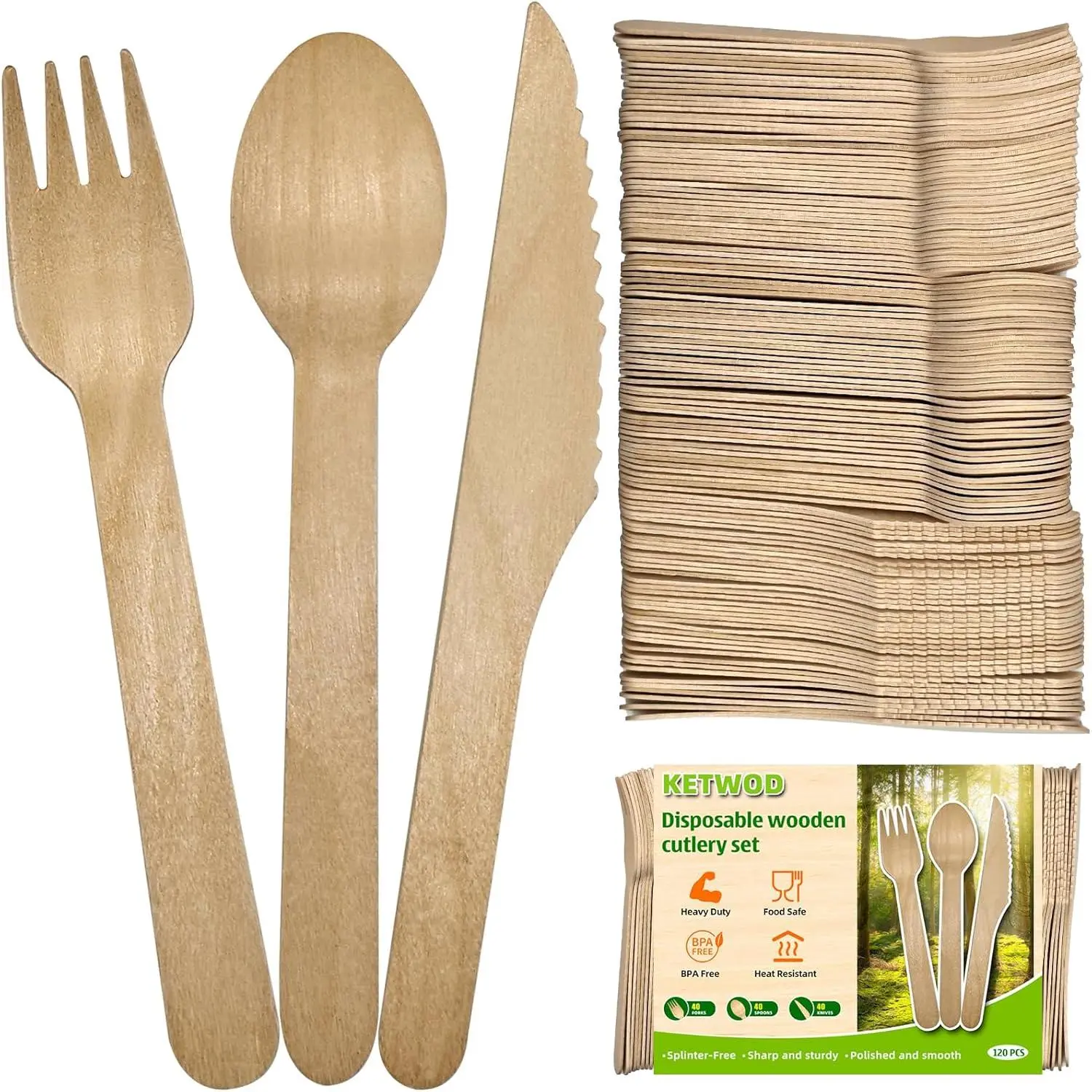 120-Piece Wooden Cutlery Set: 40 Forks, 40 Knives, 40 Spoons,  compostable/biodegradable, Beige Look, Sturdy & Burr-Free, Hand-Washable Reusable, Good for Home & Commercial Use