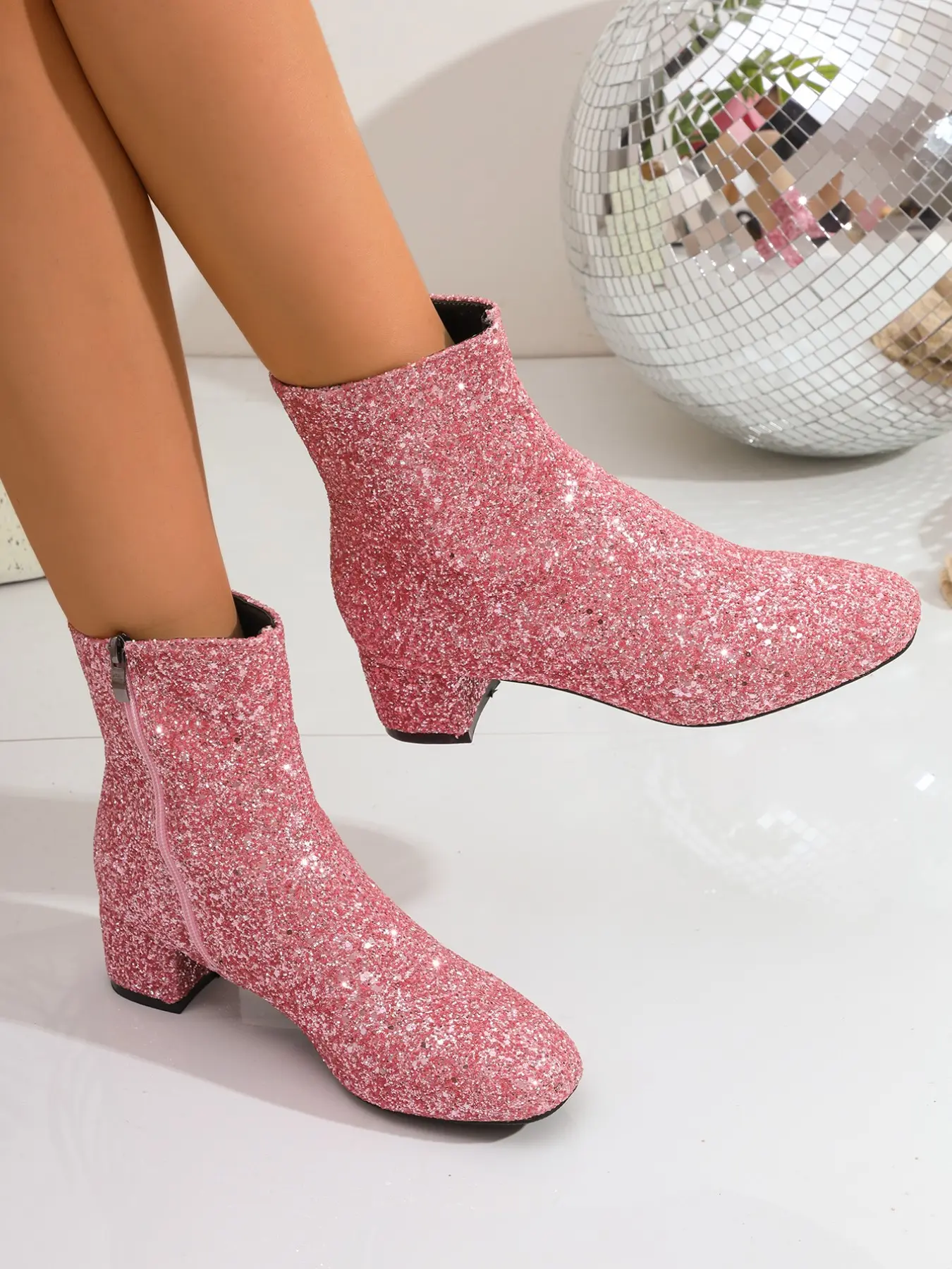Women's Sparkly Short Boots, Sequin Square Toe Heeled Ankle Boots, Party Wedding Evening Wear, Anti-Slip Side Zipper Design