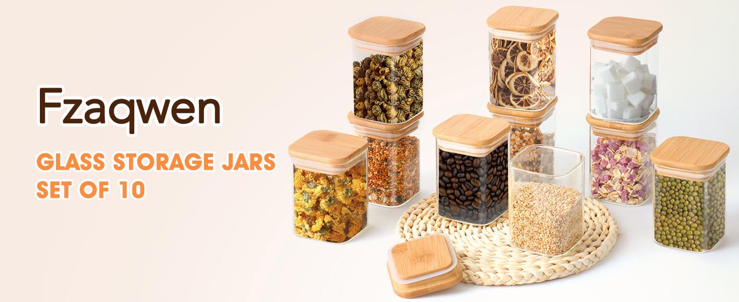 THE WELL KEPT Glass Spice Jars  Bamboo Lids - 9 Oz Small Square Storage Jars  Airtight Lids Clear Pantry Food Storage Containers Glass Canister Set  Labels for Kitchen Coffee Sugar Flour(Set Of 10)