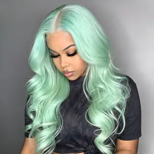 Mint Blue Body Wave Wig Synthetic 13X4 HD Lace Front Wigs Pre Plucked with for Women Mint Blue Colored Glueless Lace Frontal Wig Body Wave Synthetic Heat Resistant Fiber Wigs for Daily Wear