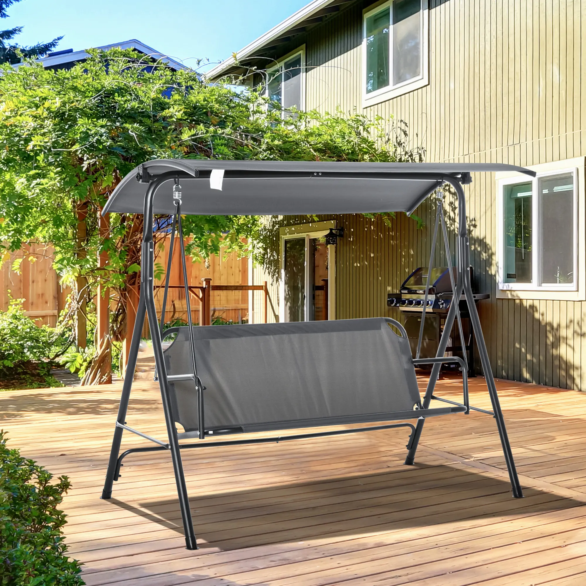 Outsunny 3-Person Outdoor Porch Swing with Stand, Patio Swing Bench with Adjustable Tilt Canopy, Comfortable Cushioned Seat, Durable Steel Frame, Freestanding Garden Swing for Backyard, Deck, Porch, Patio, Gray