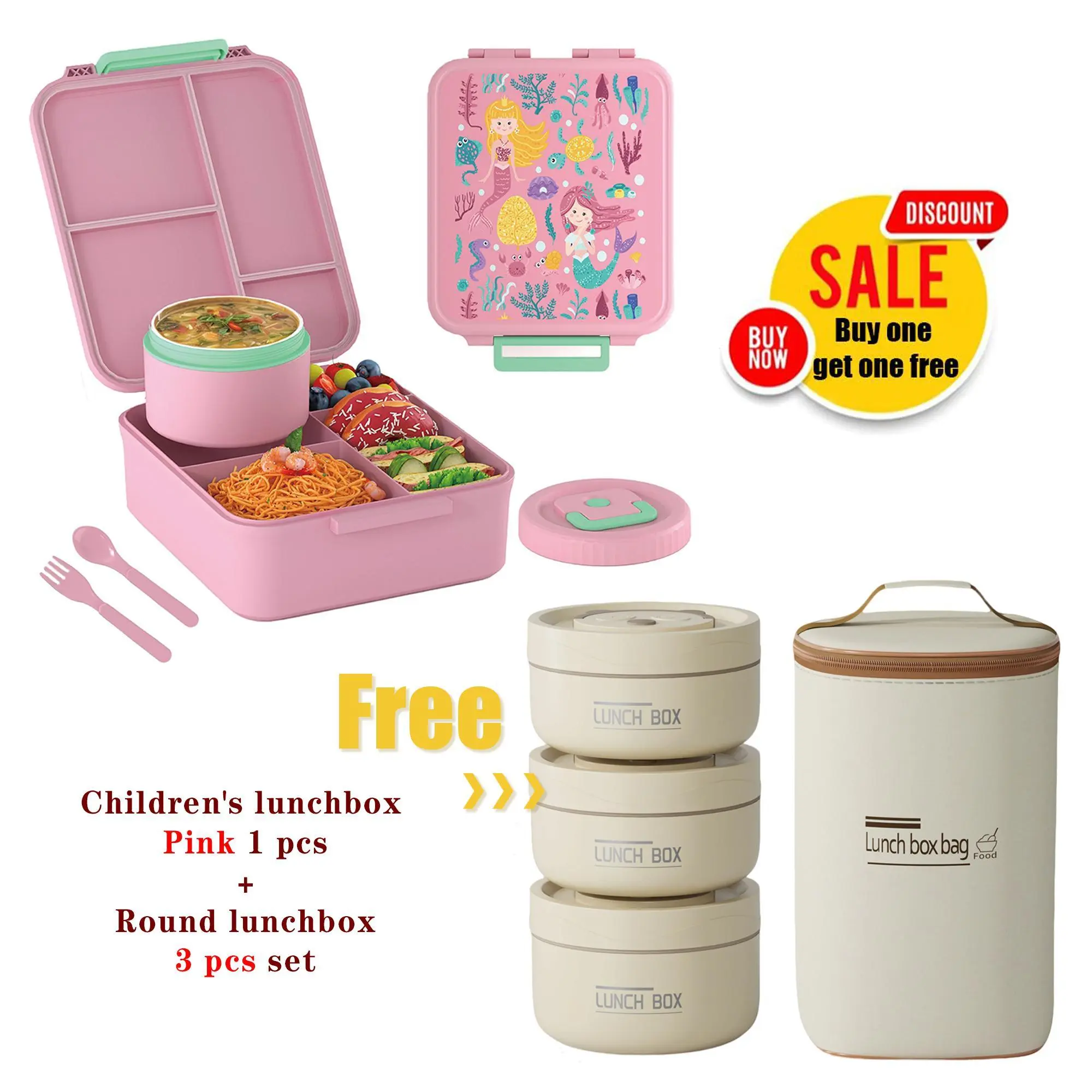 Nifogo Modern Family Lunch Bundle - Adult Panda Insulated Container, Pink Kids 5-Compartment Leak-Proof Bento Box with Soup Thermo (Soup Stays Hot), Microwave-Safe (Beige+Blue, Blue Kids Bento Box) for Office Workers