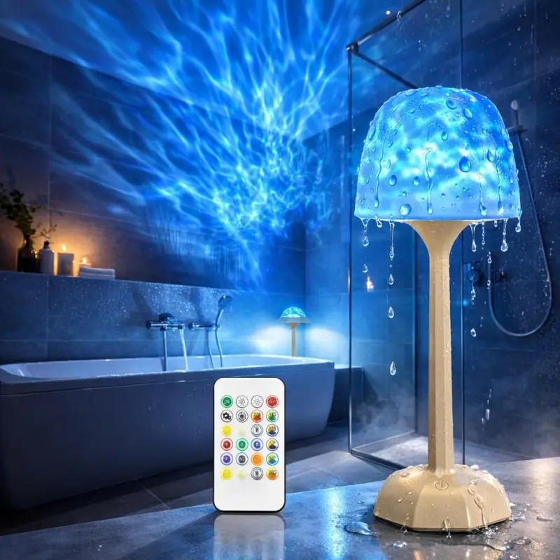 Waterproof Ocean Wave Shower Light, Rechargeable LED Bathroom Lamp with 16 Ambient Modes, 3 Light Colors, Touch & Remote Control for Shower, Bedroom and Relaxation