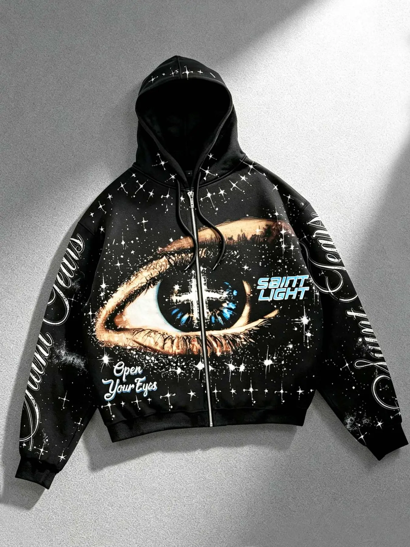 Saint Jesus cross eyes men's zipper hoodie sweatshirt trendy brand Eye of Light Y2K style cardigan hooded sweatshirt women's starry sky print punk style zipper jacket jacket men's fleece rock hip-hop men's hooded cardigan sweatshirt music festival