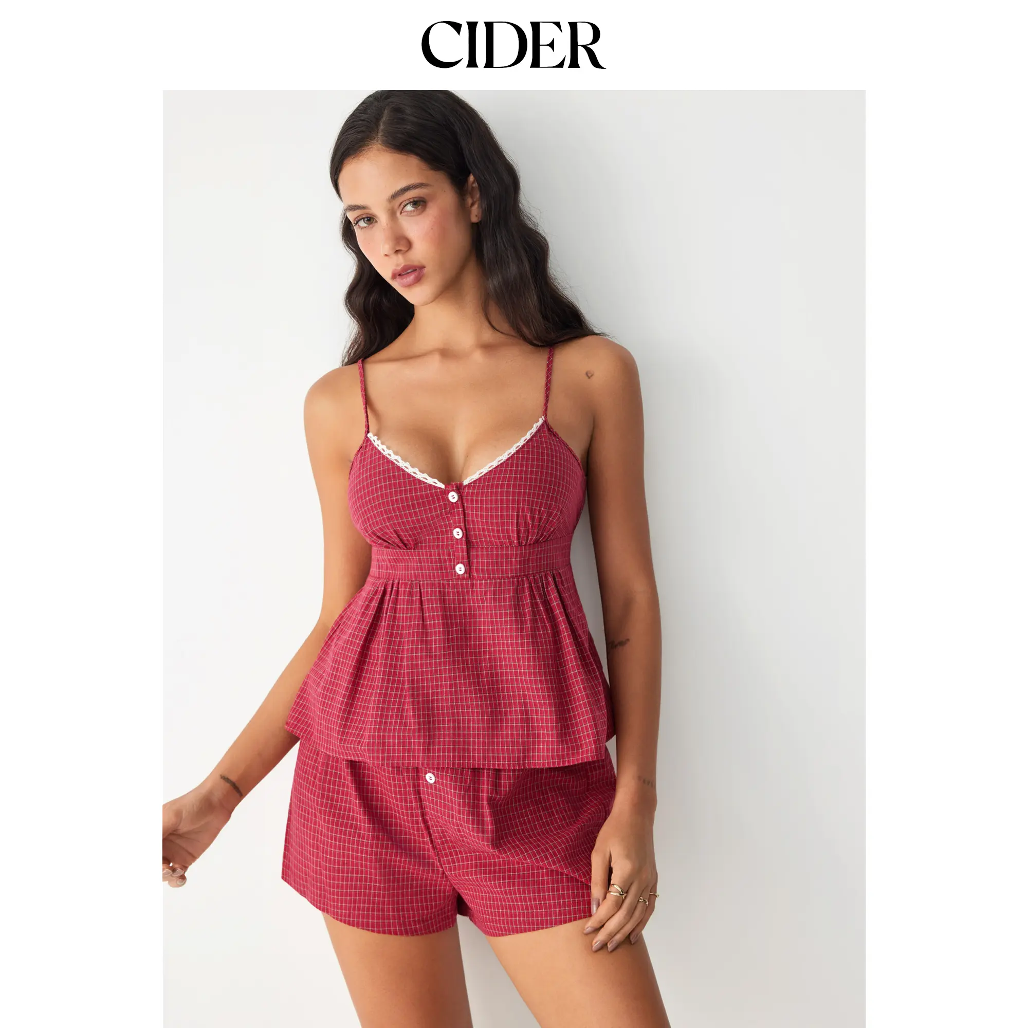 Cider Cotton Gingham Square Neck Lace Trim Cami Top & Mid Rise Shorts Loungewear Set