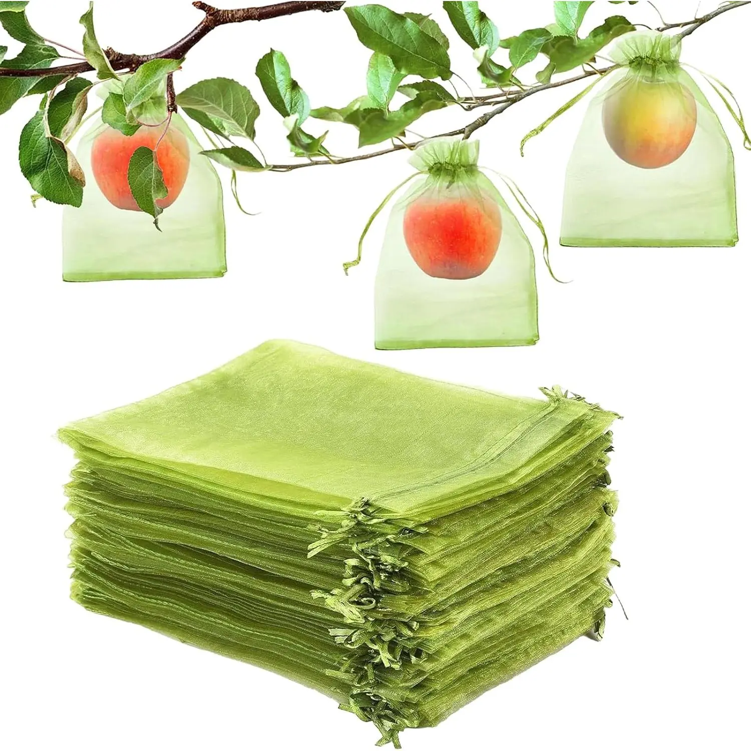 100pcs Fruit Protection Bags 6x9 inch, Green Netting Cover Fruit Mesh Drawstring Bags Protectors Pest Barrier for Fruit Tree, Tomato, Blueberry, Small Fruit Veggies Garden (100pc, 6x9 inch)