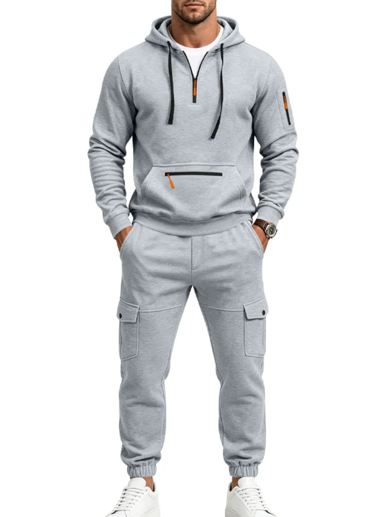 Men's Autumn Winter Thickened Fleece Hoodie and Pants Set, Outdoor Sports, Casual Workwear, Warm and Cozy, Versatile and Stylish