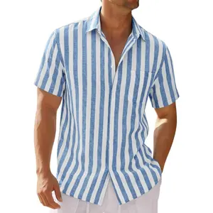 AOYSKY Mens Linen Short Sleeve Shirts Striped Casual Button Down Shirt Summer Beach Vacation Tops