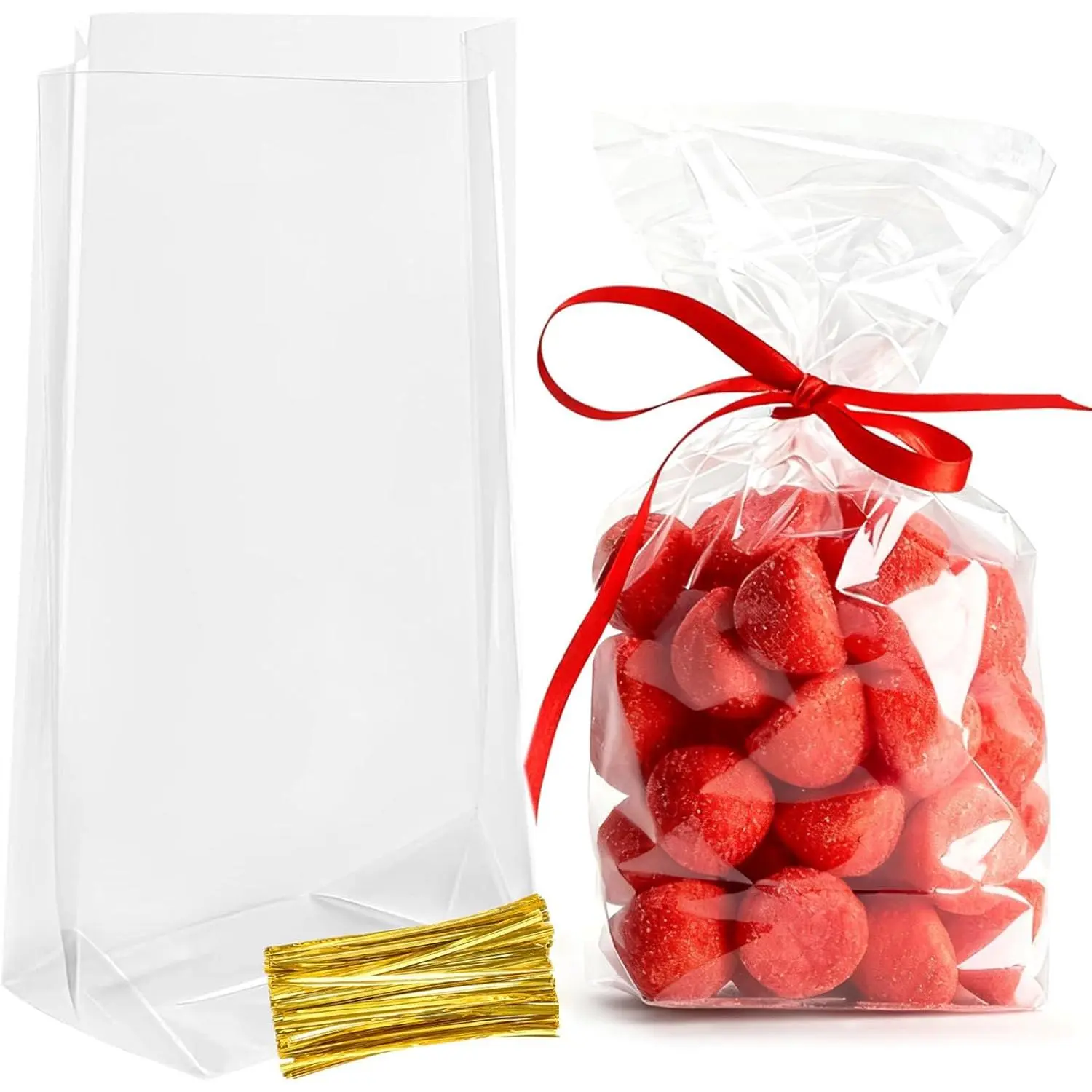 Clear Cellophane  Bags, 6 x 9 x 2.4 Inch, 100 Pack | Gusseted Bottom, With Ties, Small Plastic, For Cookies, Candies, Popcorn, Snacks, , Party Favors