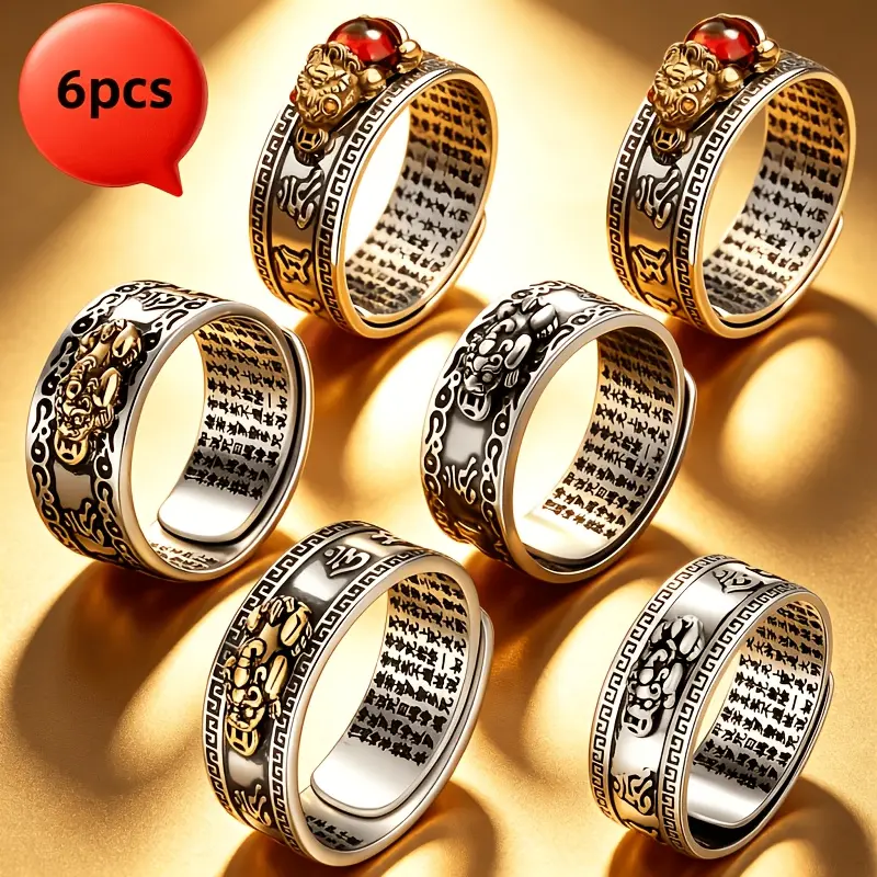 6pcs Unisex Vintage Feng Shui Pixiu Open Rings - Engraved Symbols Lucky Amulet Finger Jewelry, Corrosion Resistant Adjustable Band, Wealth Attraction, Evil Warding, Ideal Gift for Parents, Everyday Use