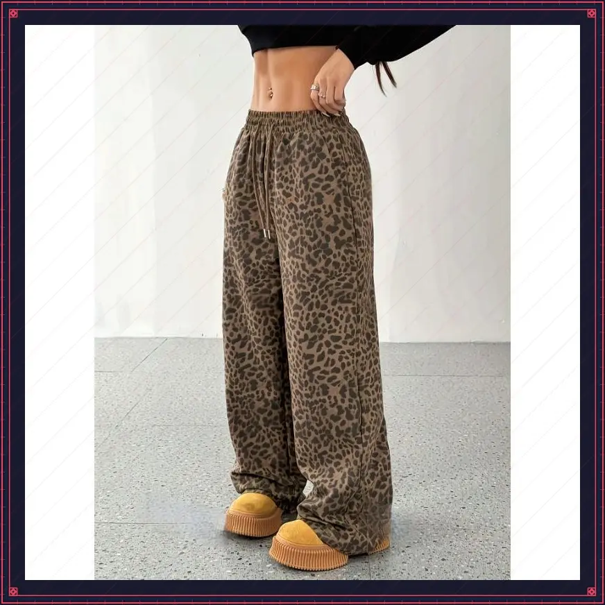 Women's Leopard Baggy Wide Leg Sweatpants Drawstring High Waisted Cheetah Print Lounge Barrel Trousers with Pockets Bottoms Womenswear
