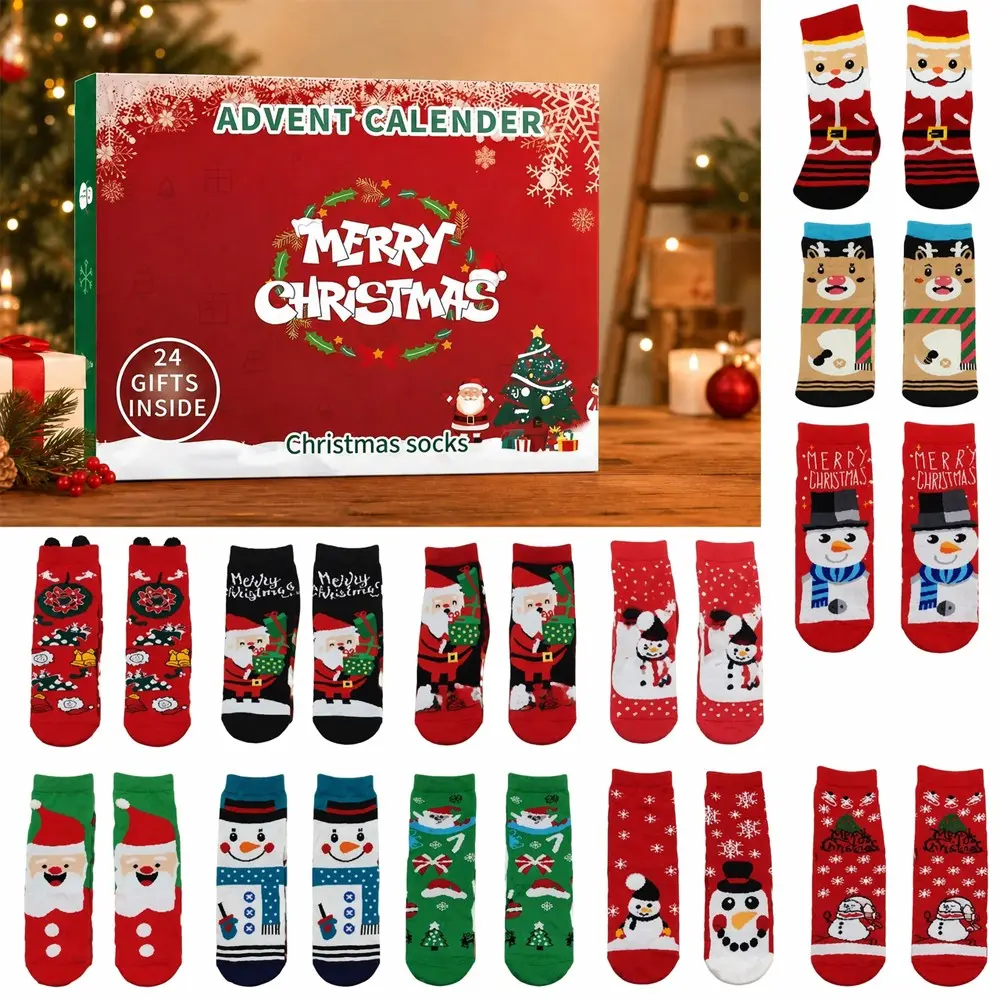 24pc Sock Holiday Surprise Calendar, Christmas and New Year Countdown, 24-Day Gifts, No Power Needed, Durable Material