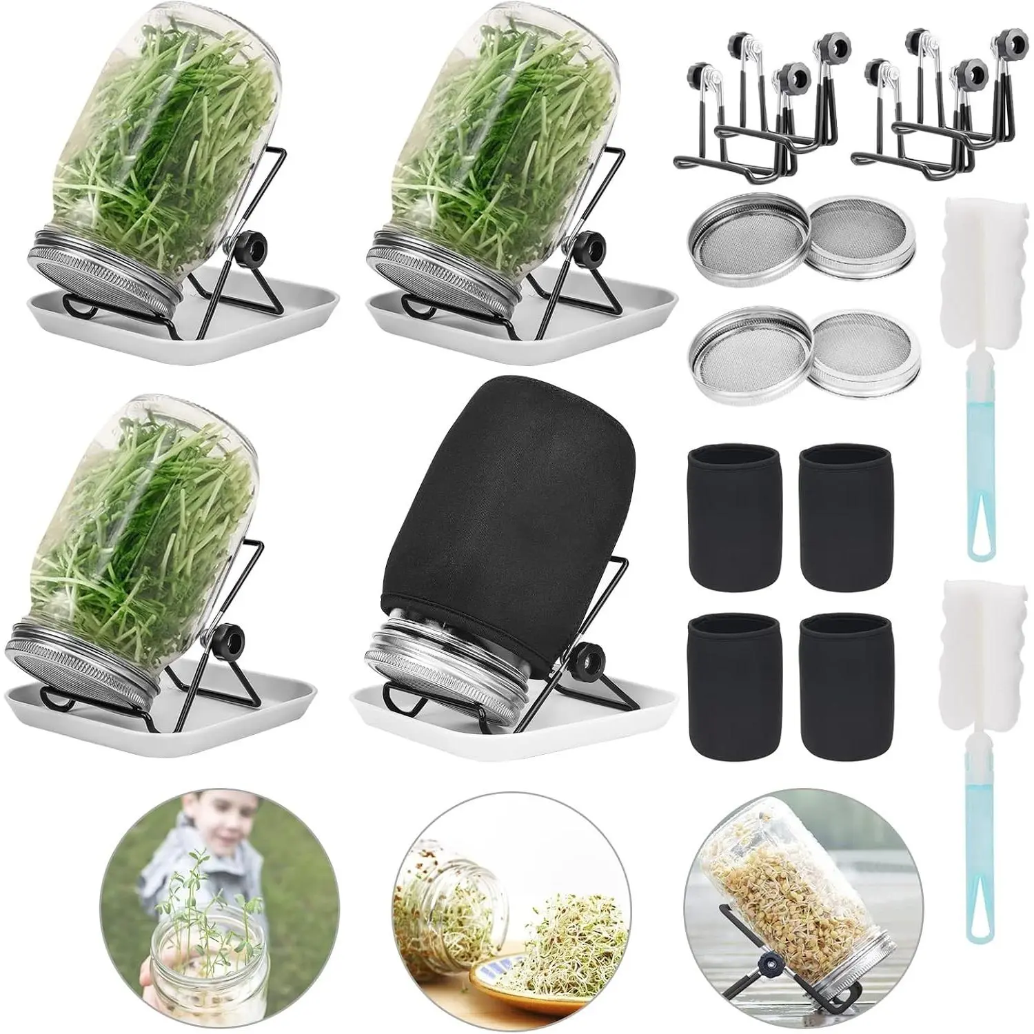 4 Sprouting Jar Kit, Wide Mouth Quart Mason Jars with Stainless Steel Screen Sprout Lids, 86mm,1000ml,Stand,Tray and Canning Brush,Seed Sprouter Set for Growing Broccoli, Alfalfa