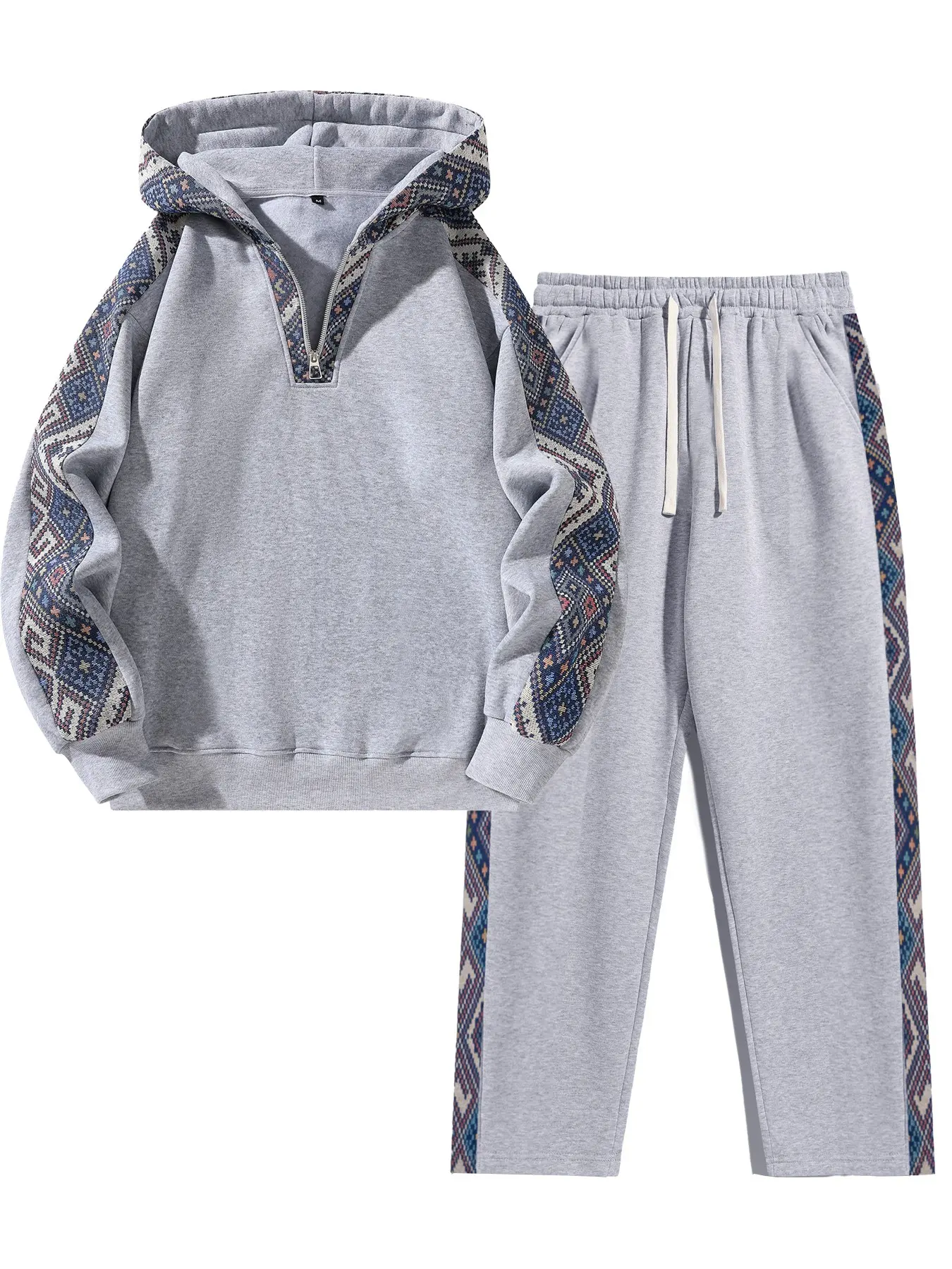 Men's Ethnic Style Half-Zip Hoodie Set, Casual Long Sleeve Hoodie + Straight Leg Sports Pants, Streetwear Jogging, Daily Wear, Outdoor Activities