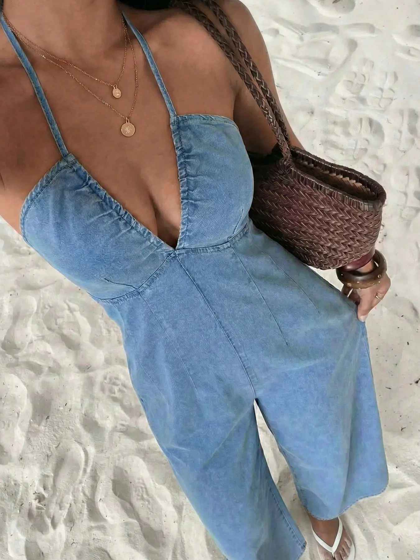 Women's Casual Denim Jumpsuit, Jean Jumpsuit, Spaghetti Strap Sleeveless Deep V Waist Wide Leg Long Pants, Light Blue Washed Flowy Jumpsuit, Vacation Style
