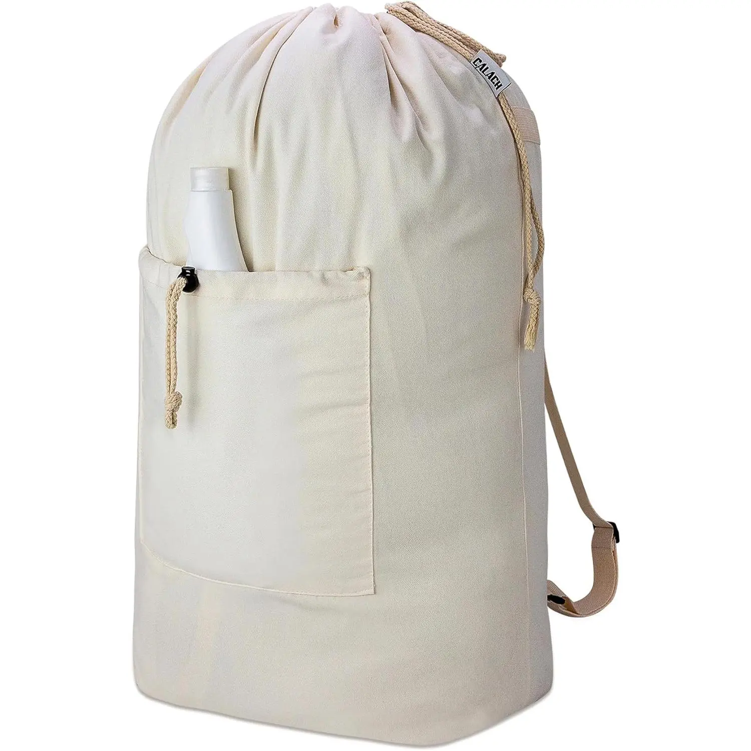 Laundry Bag Backpack, Canvas Laundry Bag with Straps & Drawstring Closure Washable Dirty Cloth Hamper Bag with Large Front Pocket for College, Travel, Laundromat, Camping (Beige)
