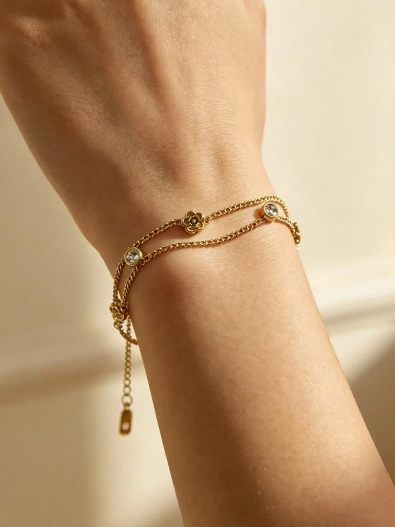18k Gold Plated Stainless Steel Camellia Bracelet, Dual Layer Zircon Lightweight Luxury, Waterproof, Elegant Fine Chain Jewelry