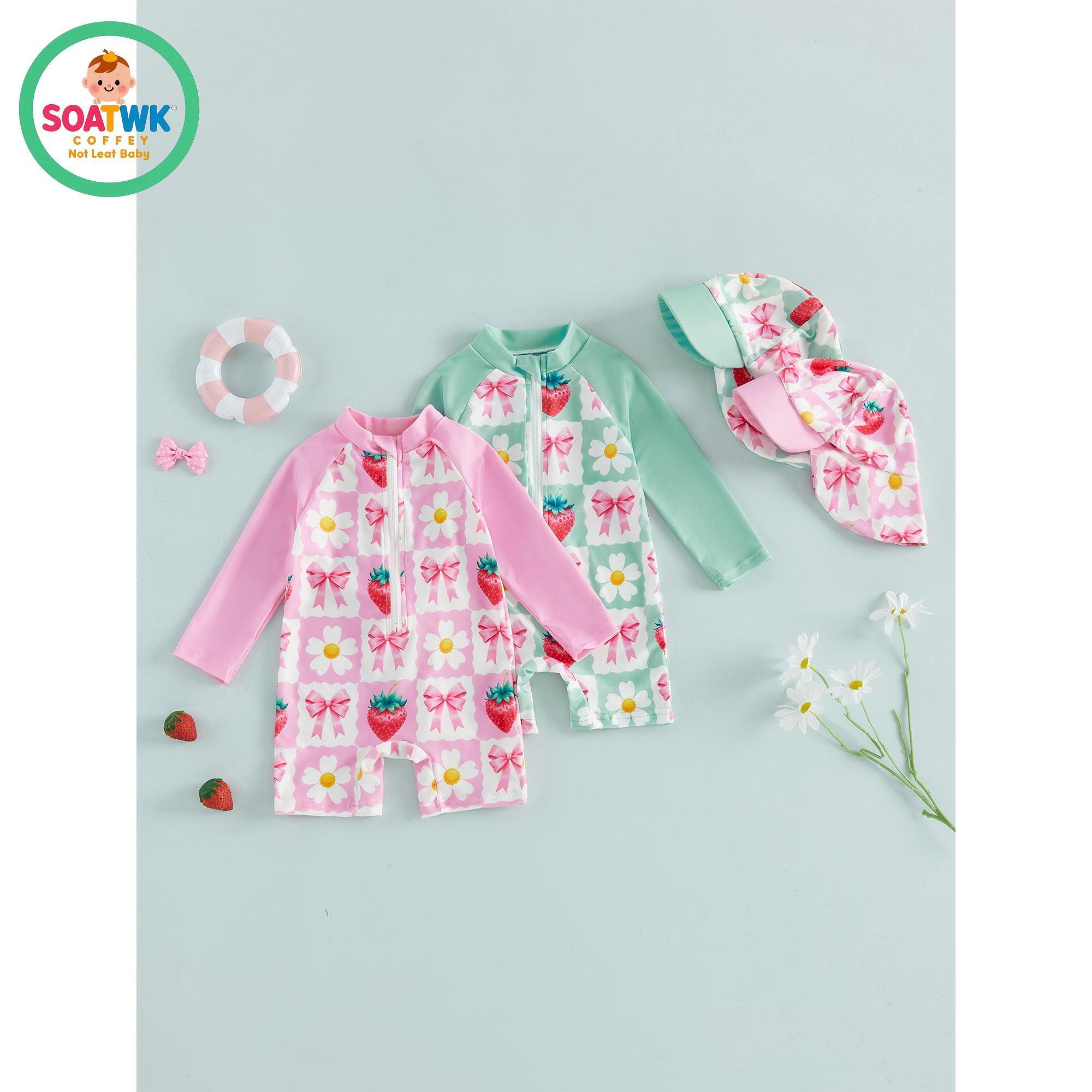 Kids Girl Rash Guard Swimsuits Strawberry Bow Floral Print Long Sleeves Swimwear and Swim Cap for Toddler