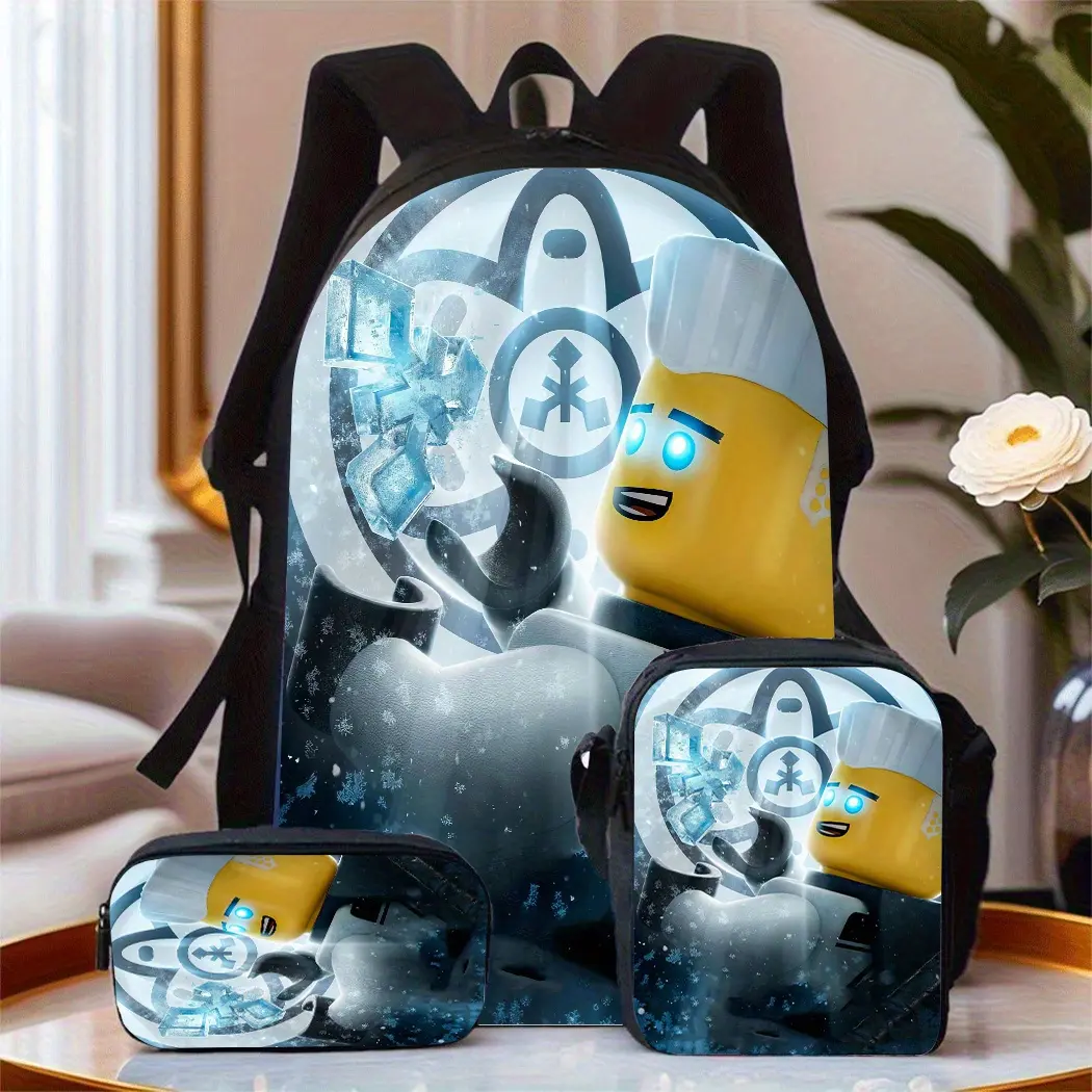 Kids 3-Piece Oxford School Backpack Set - Insulated Lunch Bag, Pencil Case, Lego Ninjago Frost Power Ninja Art Print, Lightweight Breathable Straps for Daily School & Outdoor Trips