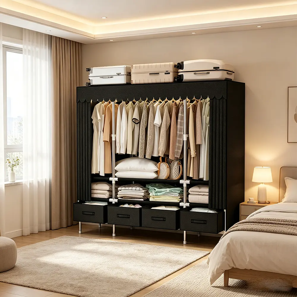 Large Capacity Portable Fabric Wardrobe with Heavy-Duty Thickened Metal Frame, 4 Fabric Drawers, Dual Rods for Long & Short Clothes, Dustproof Scalloped Curtain Cover, Easy Single-Person Assembly for Apartments & Rental Bedrooms