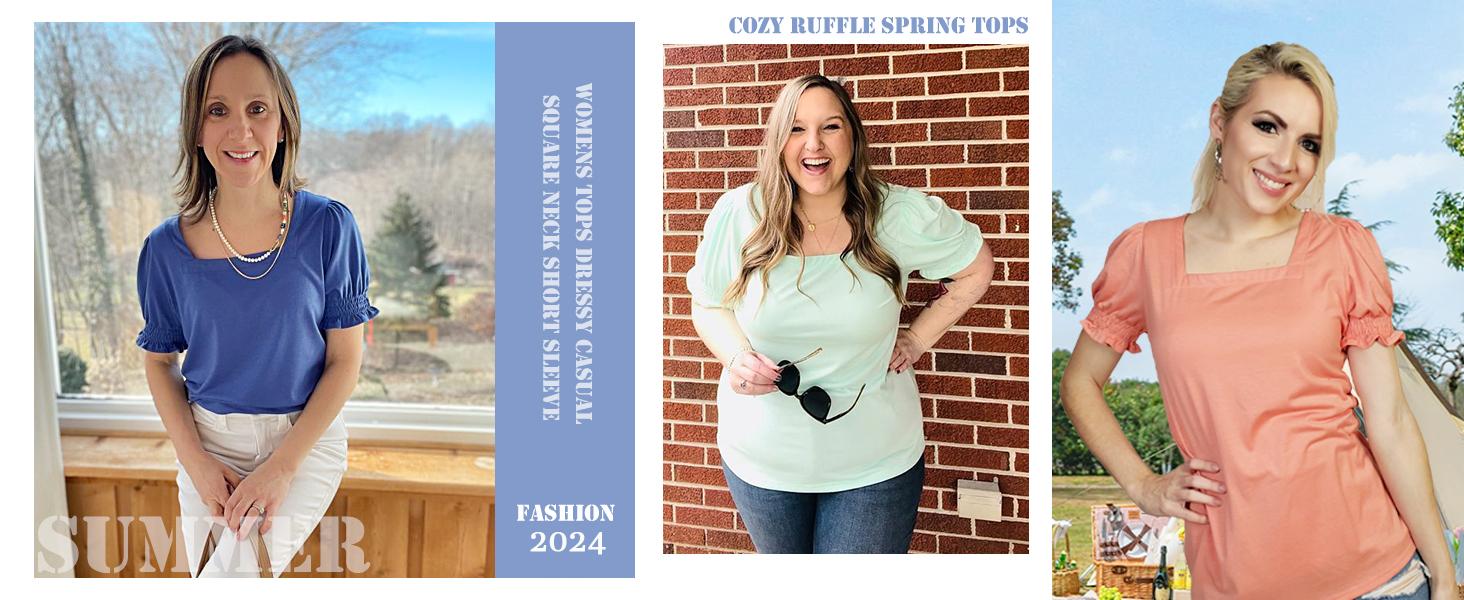 WIHOLL Tops for Women Summer Casual Ruffle Trim Sleeve Square Neck T Shirts