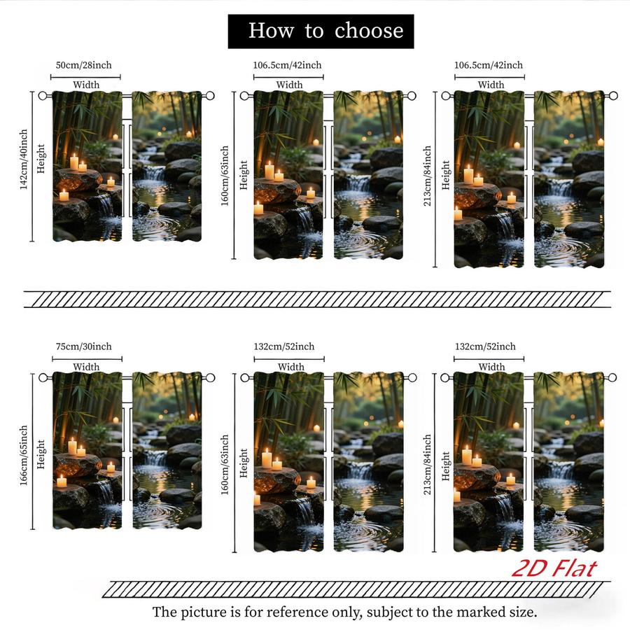 2Pcs Zen Garden Candles River Waterfall Pattern Sun Blocking Curtains Digital Printed Rod Pocket, Window Treatment For Bedroom Office Kitchen Living Room Study Home Decor