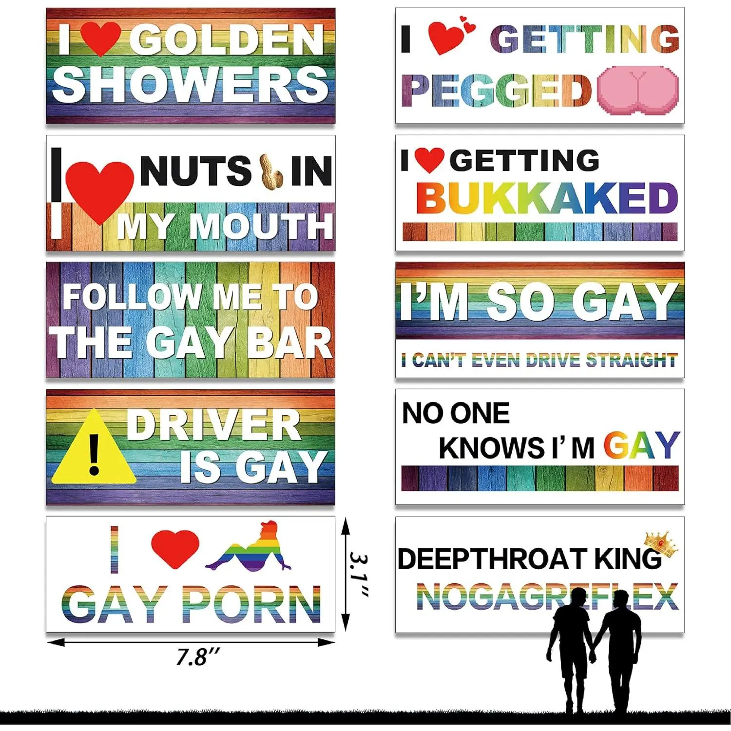 10 Pcs Waterproof Mountable Magnetic Classic LGBT Rainbow Bumper Decals (8x3.1 inches) - Easy-Attach Plastic Fashion Accessory for Cars,Trucks,Motorcycles,Fridges/Refrigerators,Holiday Gifts