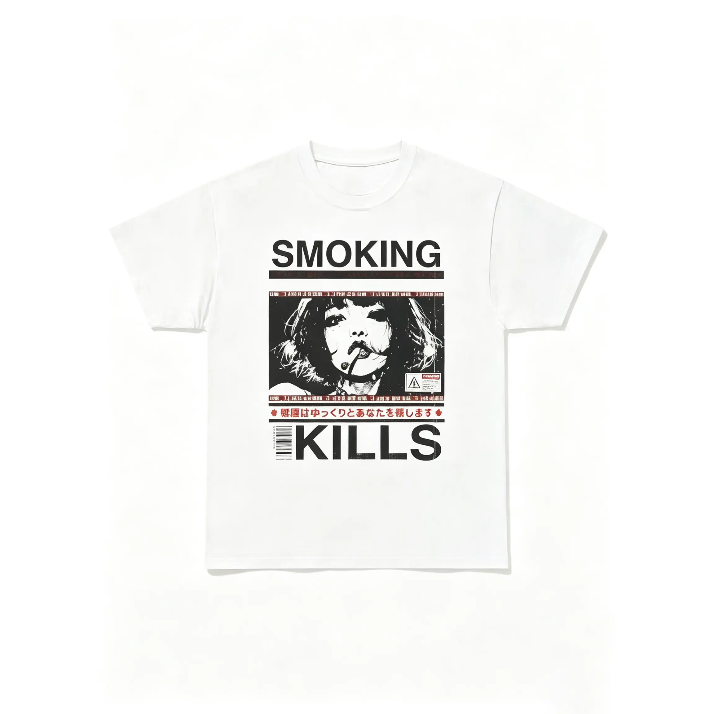 Men's Casual Short-Sleeve Round Neck Streetwear Cotton Twill Top - Retro Manga "Smoking Kills" Graphic Tee, Relaxed Fit, Fade-Free Digital Ink Print, Menswear Sports Top